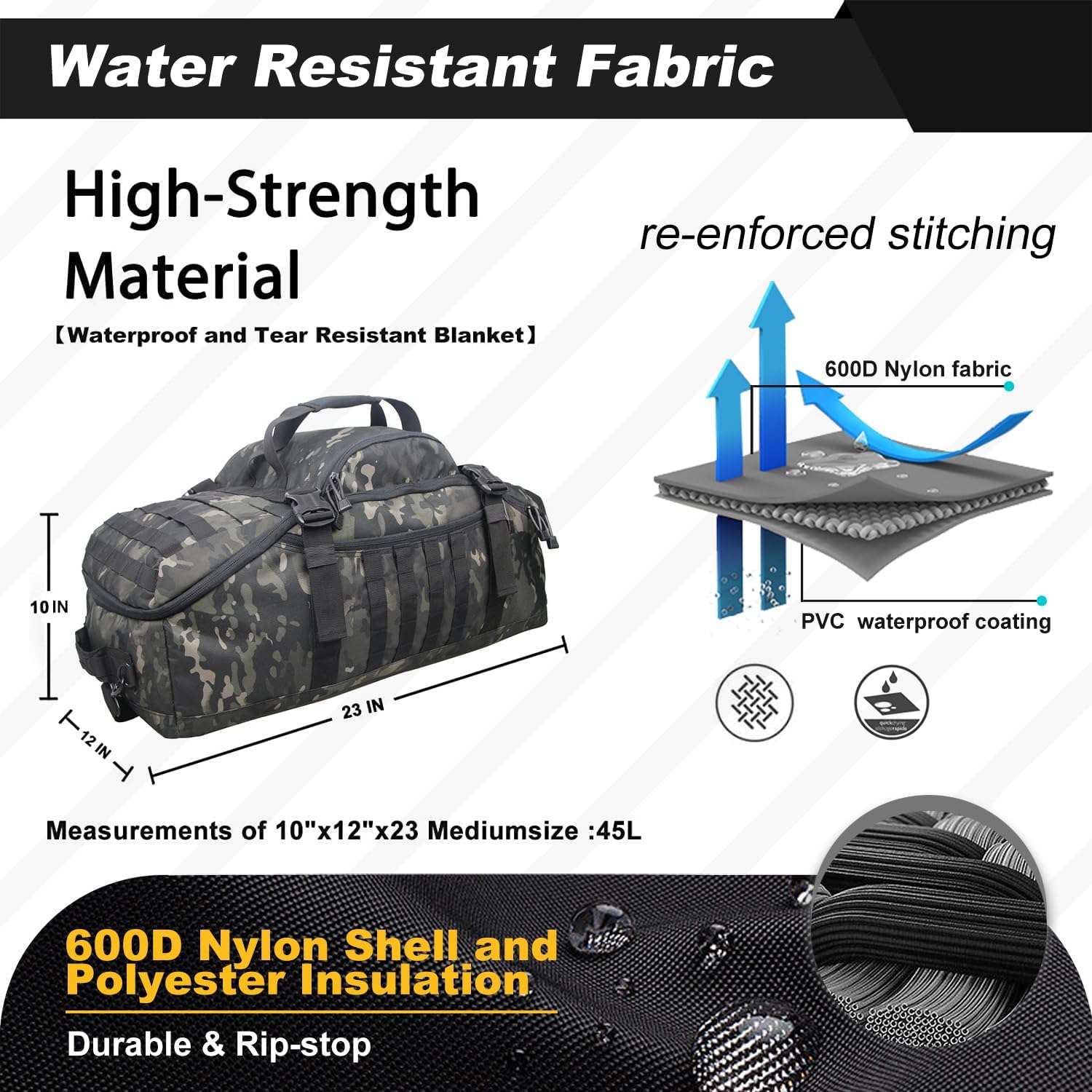 3 In 1 Tactical 45L Military Backpack Travel Duffle Bag for Weekender Gym Workout Deployment - Image 3