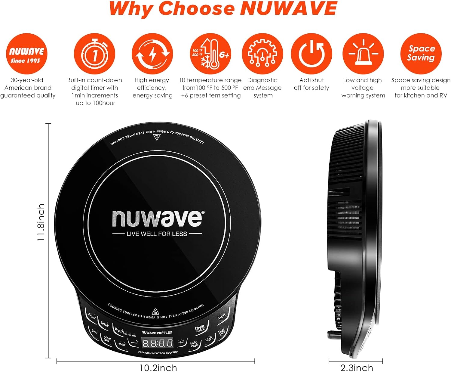 Nuwave Flex Precision Induction Cooktop, 10.25” Shatter-Proof Ceramic Glass, 6.5” Heating Coil, 45 Temps from 100°F to 500°F, 3 Wattage Settings 600, 900 & 1300 Watts, Black - Image 5