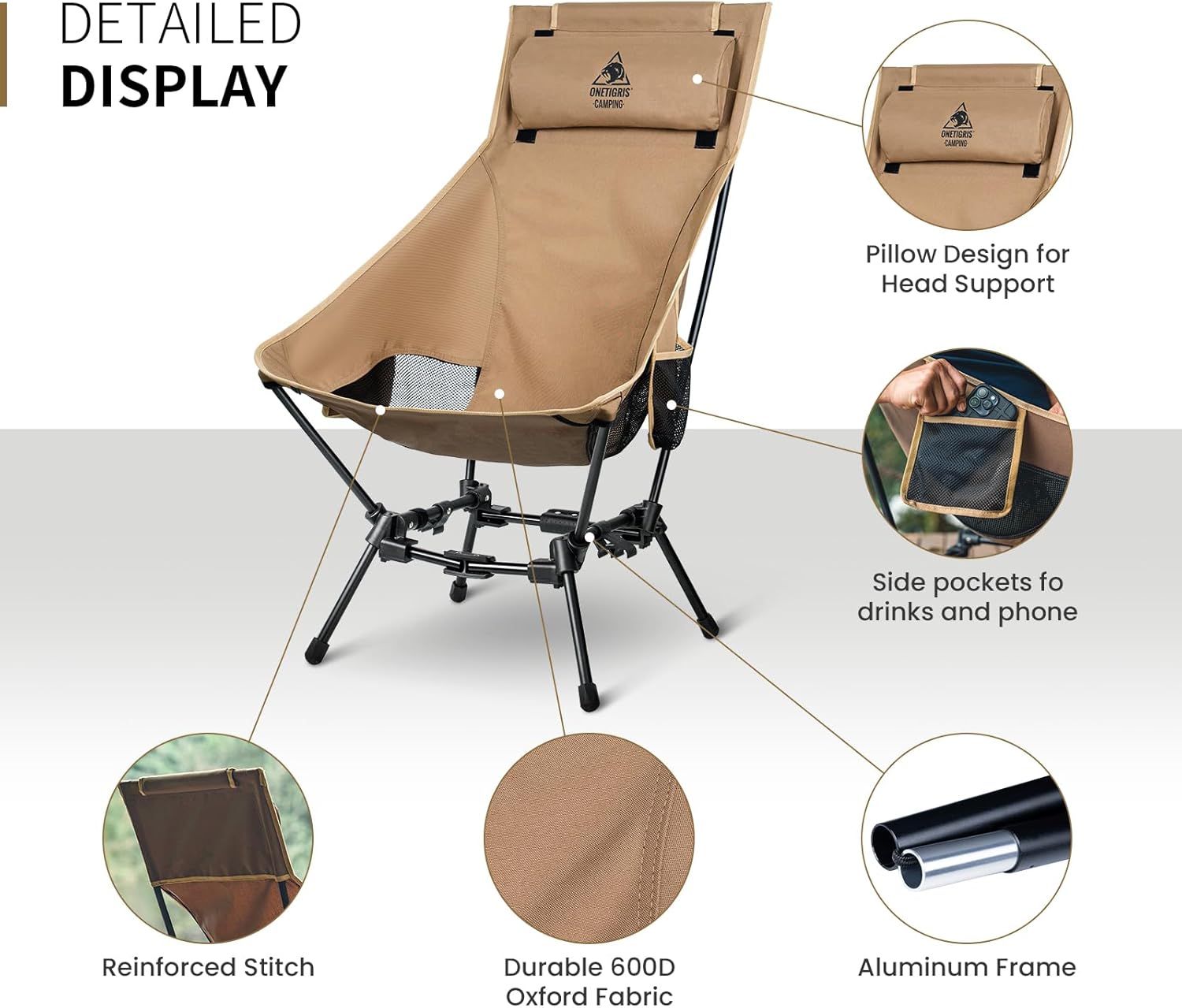 OneTigris Dragonhide Oversized Camping Chair with Pillow Design, Comfortable Widened Seat Folding, 275 lbs Capacity - Image 4