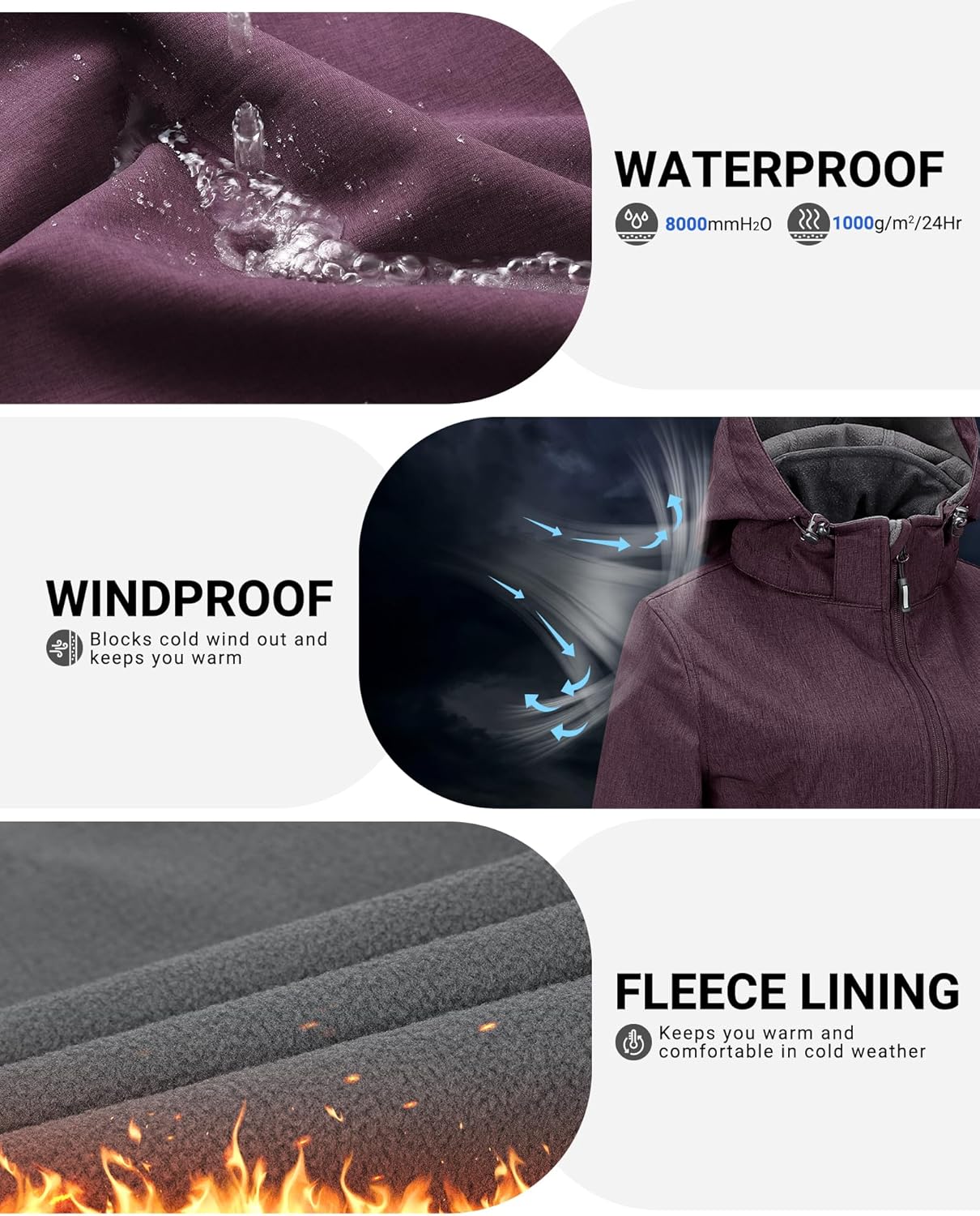 Outdoor Ventures Women's Softshell Jacket with Removable Hood Fleece Lined Windbreaker Insulated Long Warm Rain Jacket - Image 3