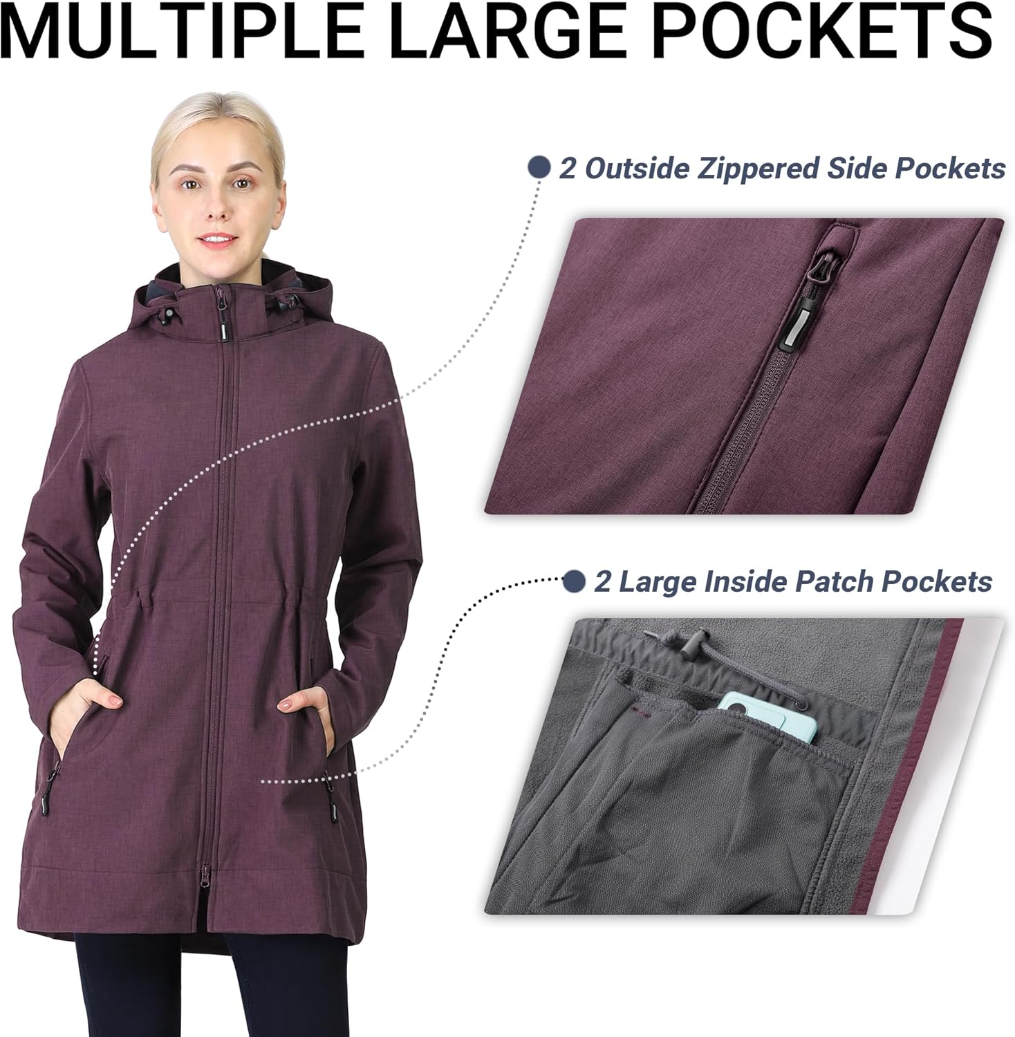 Outdoor Ventures Women's Softshell Jacket with Removable Hood Fleece Lined Windbreaker Insulated Long Warm Rain Jacket - Image 5