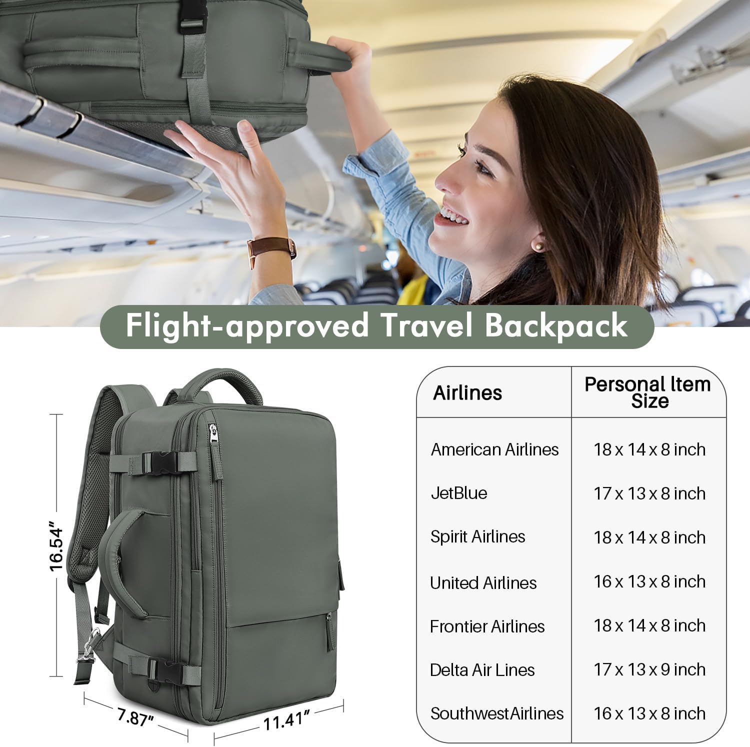 Rinlist Travel Backpack For Women Men Flight Approved, Carry-on Backpack Bag Luggage, Personal Item Backpack Bag, Laptop Backpack Casual Daypack, Travel Essentials Must Haves, Olive-green - Image 3